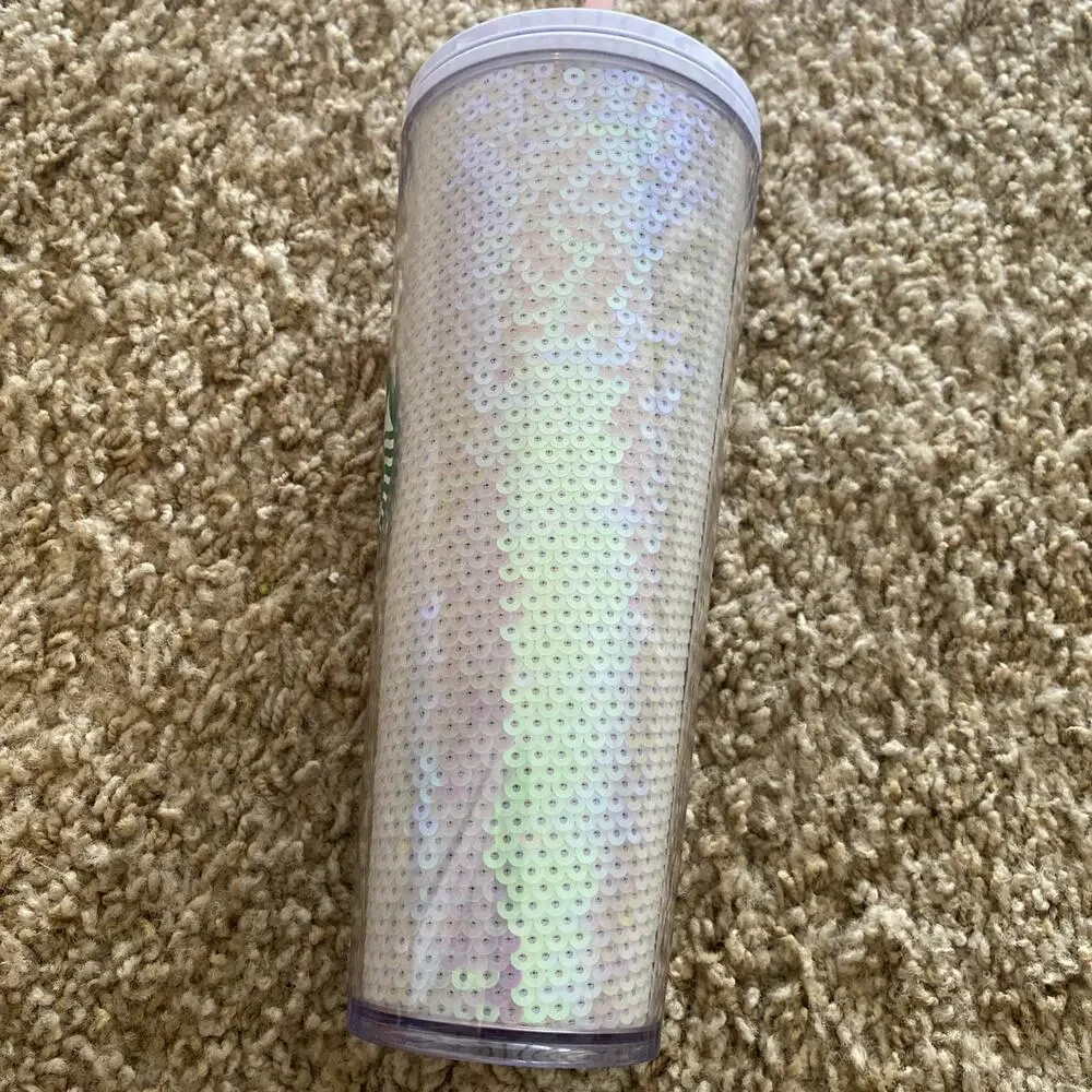 New Starbucks 2020 Holiday Exclusive Pink & White Sequin 24 oz Tumbler Cold Cup